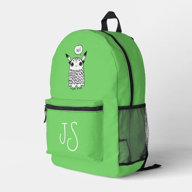 Cute monster green monogram minimalist  printed backpack (Back Corner Right)