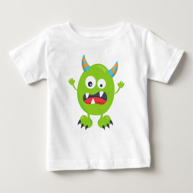 Cute Monster, Green Monster, Funny Monster, Horns Baby T-Shirt (Front)