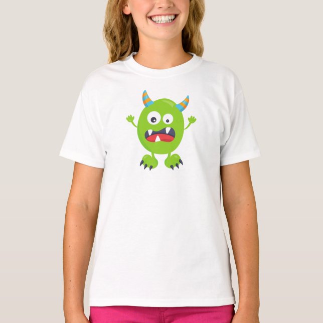 Cute Monster, Green Monster, Funny Monster, Horns T-Shirt (Front)