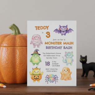 Cute Monster Mash Birthday Bash Kids Halloween Invitation