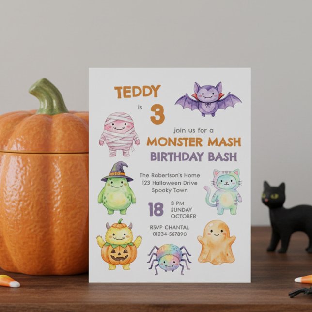 Cute Monster Mash Birthday Bash Kids Halloween Invitation (Monster Mash Birthday Bash editable age kids birthday invitation by Darling & May)