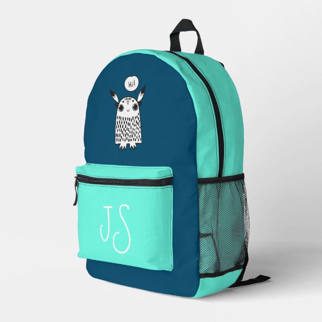 Cute monster navy aquamarine monogram minimalist  printed backpack (Back Corner Right)