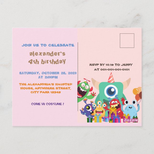 CUTE MONSTER PARTY KIDS BIRTHDAY Postcard (Back)