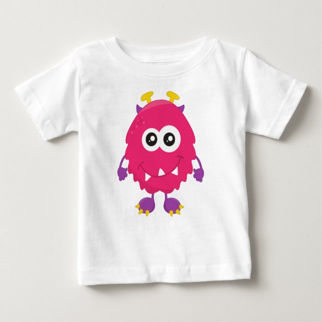 Cute Monster, Pink Monster, Horns, Funny Monster Baby T-Shirt (Front)