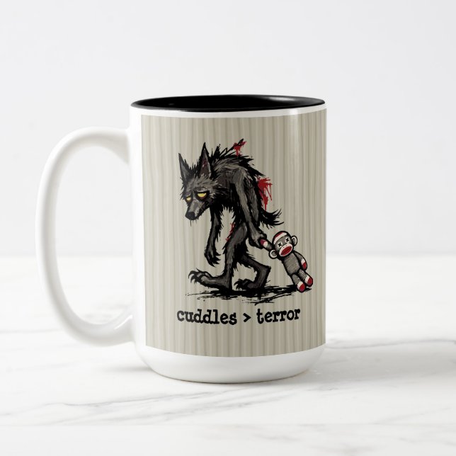 Cute Monster Werewolf Sock Monkey Toy Funny Phrase Two-Tone Coffee Mug (Left)