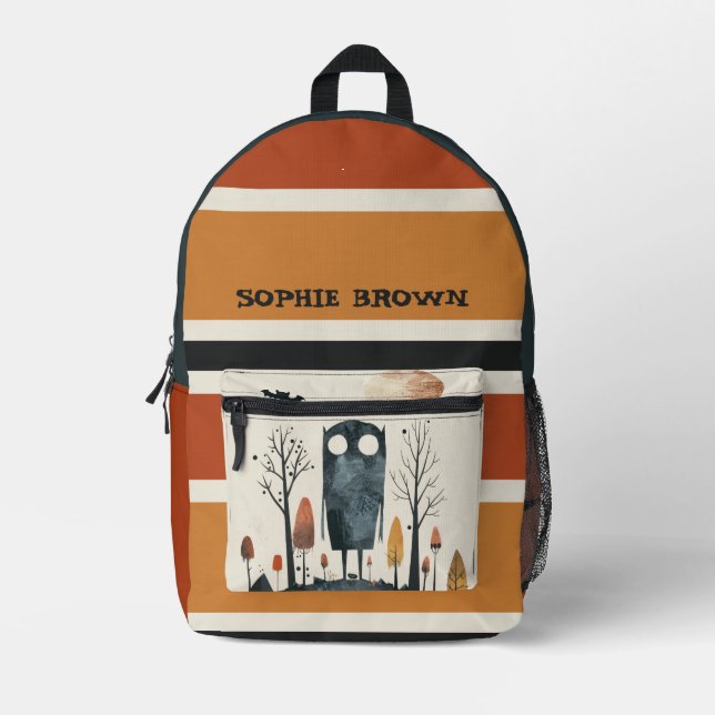 Cute Monster Whimsical Halloween Custom Name Printed Backpack (Front)