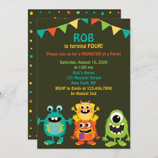 Cute Monsters Birthday Party Invitation (Front/Back)