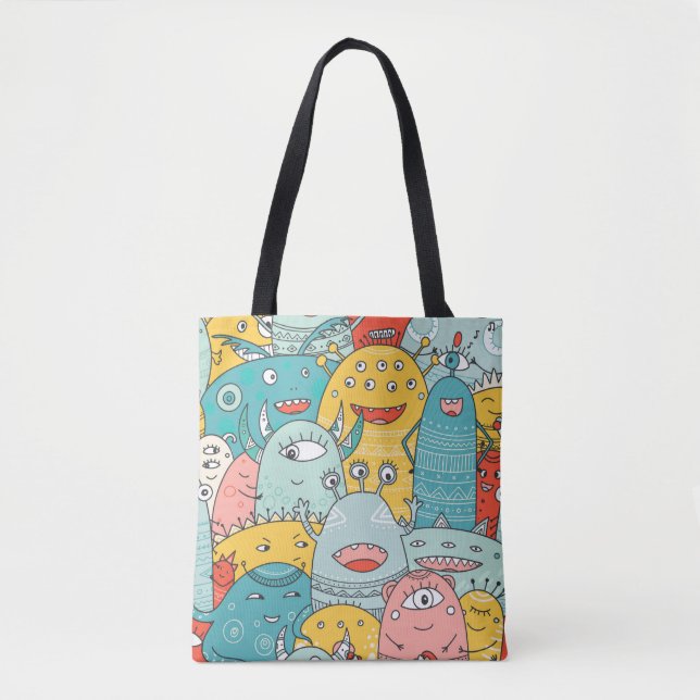 cute monsters crowd seamless pattern in boho style tote bag (Front)