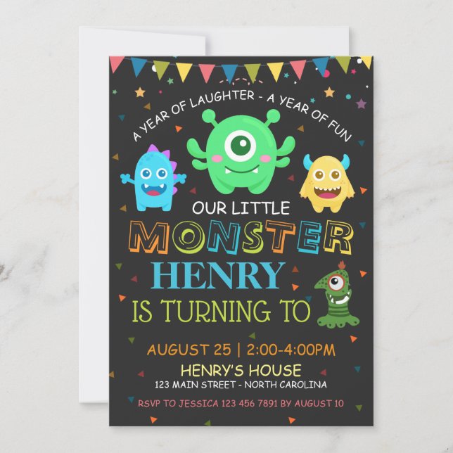 Cute monsters first birthday Personalise RSVP Invitation (Front)