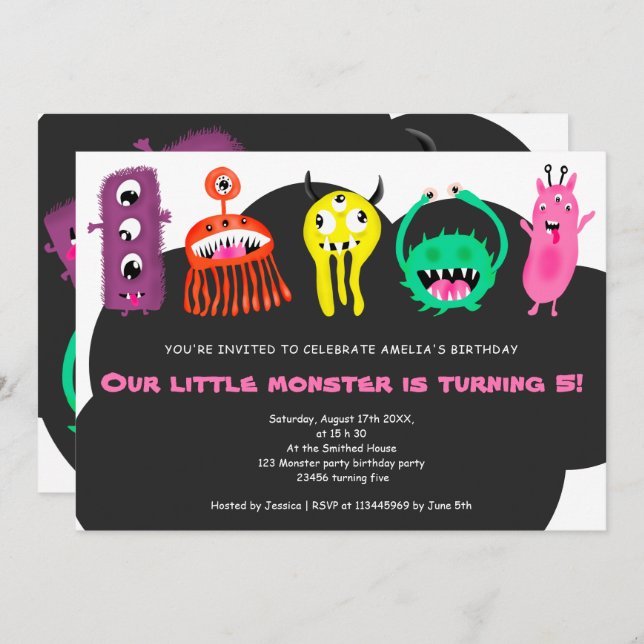Cute monsters illustration 5th birthday party invitation (Front/Back)