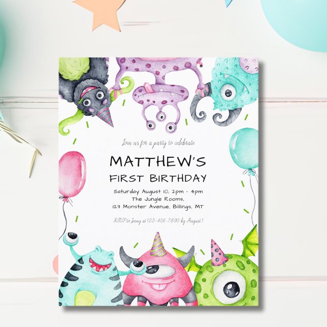 Cute Monsters Kid's 1st Birthday Party Invitation (Creator Uploaded)
