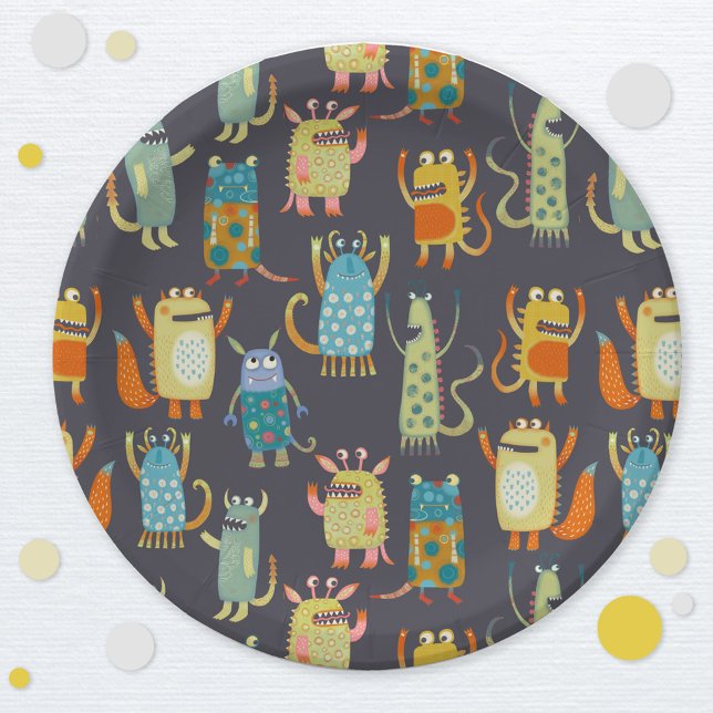 Cute Monsters Paper Plate (Fun monsters kids birthday or Halloween party paper plate)