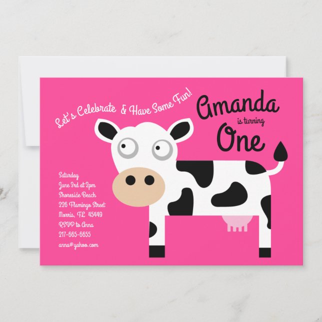 Cute Moo Cow Kids 1st Birthday Party Invitation (Front)