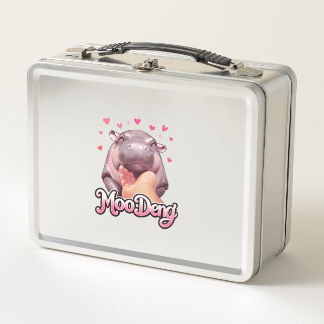 Cute Moo Deng Hippo Girlie Hearts for girls kids w Metal Lunch Box (Front)