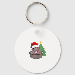 cute Moo Deng hippopotamus is wearing Santa hut Xm Key Ring