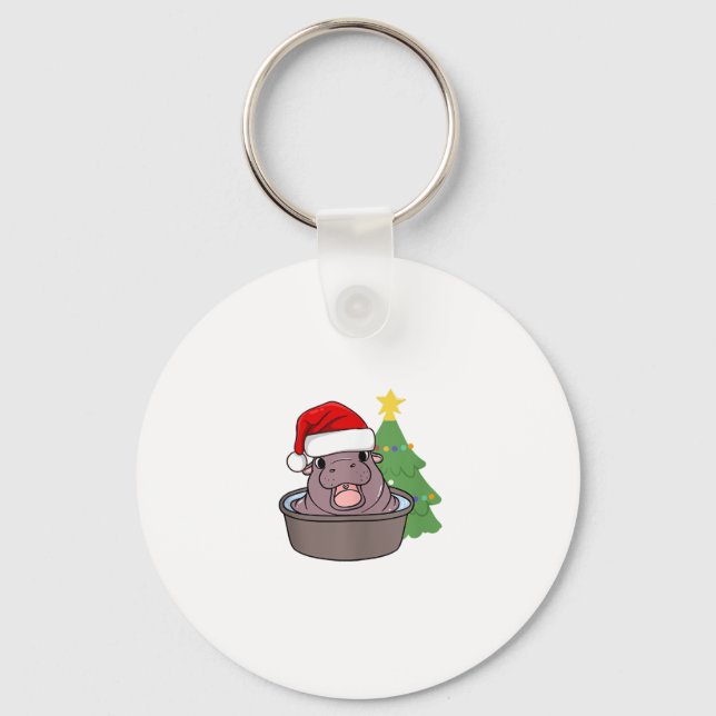 cute Moo Deng hippopotamus is wearing Santa hut Xm Key Ring (Front)