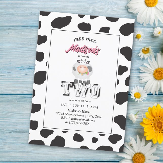 Cute Moo Moo I'm Two Cow Print Farm Birthday Photo Invitation (Creator Uploaded)