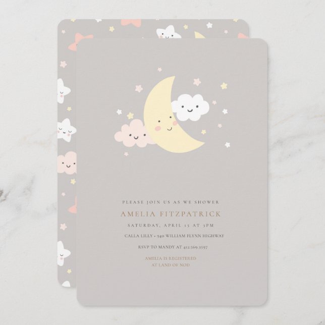 Cute Moon and Star Baby Shower Invitation (Front/Back)