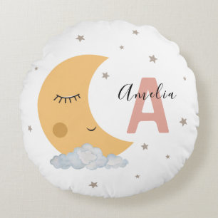 Cute Moon & Clouds Round Nursery Pillow Pink Initi