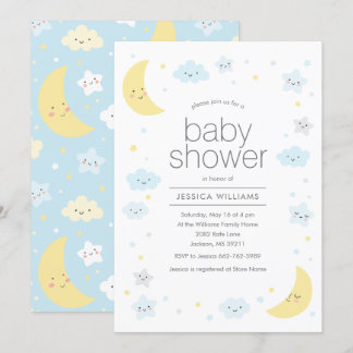 Cute Moon Clouds & Stars Baby Shower Invitation