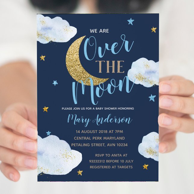 Cute Moon Navy Blue and Gold Baby Shower Invitation (Creator Uploaded)