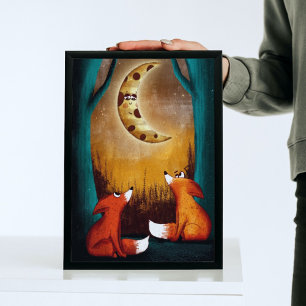 Cute Moon Night Forest Foxes Nature Kids Nursery Poster