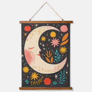 Cute Moon Night Sky Boho Floral Illustration Hanging Tapestry