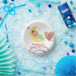 Cute moon star African american kids baby shower Paper Plate