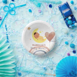 Cute moon star African american kids baby shower Paper Plate