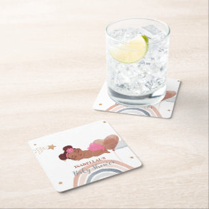 Cute moon star African american kids baby shower Square Paper Coaster