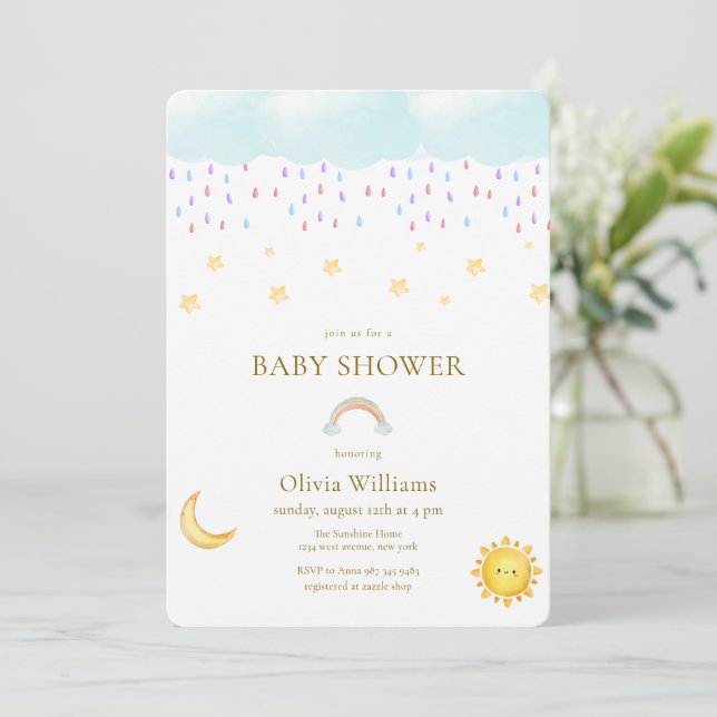 Cute Moon Star Rainbow Raindrop Baby Shower Invitation (Standing Front)
