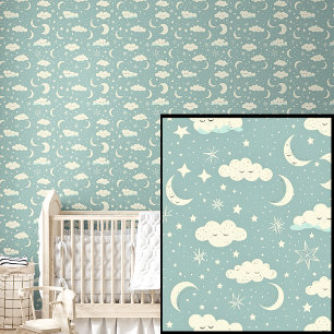Cute Moon Stars Clouds on Soft Green Wallpaper