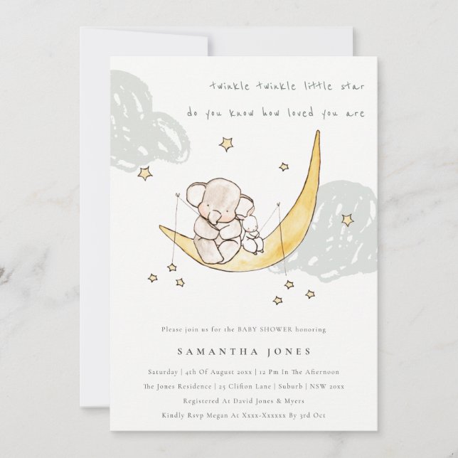 Cute Moon Stars Elephant Bunny Baby Shower Invite (Front)