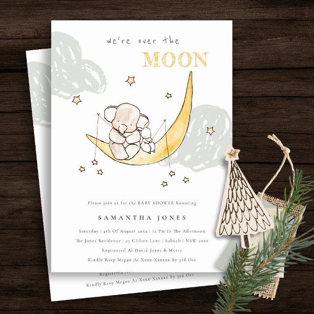 Cute Moon Stars Elephant Bunny Baby Shower Invite (Creator Uploaded)