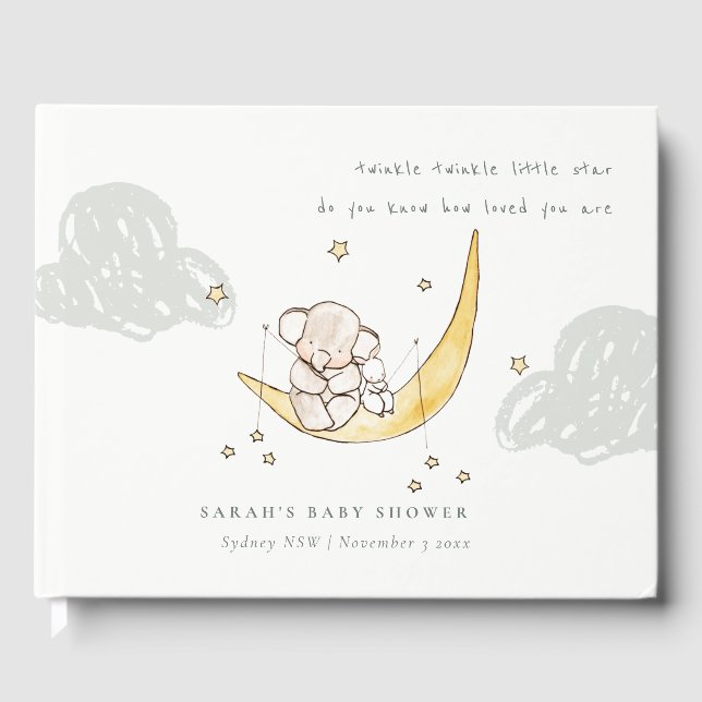 Cute Moon Stars Elephant Bunny Neutral Baby Shower Guest Book (Front)