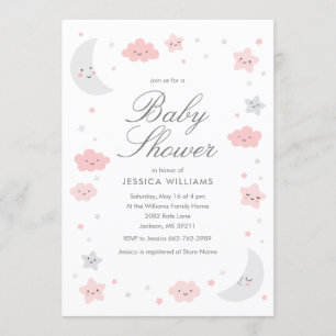 Cute Moon & Stars Pink Girl Baby Shower Invitation
