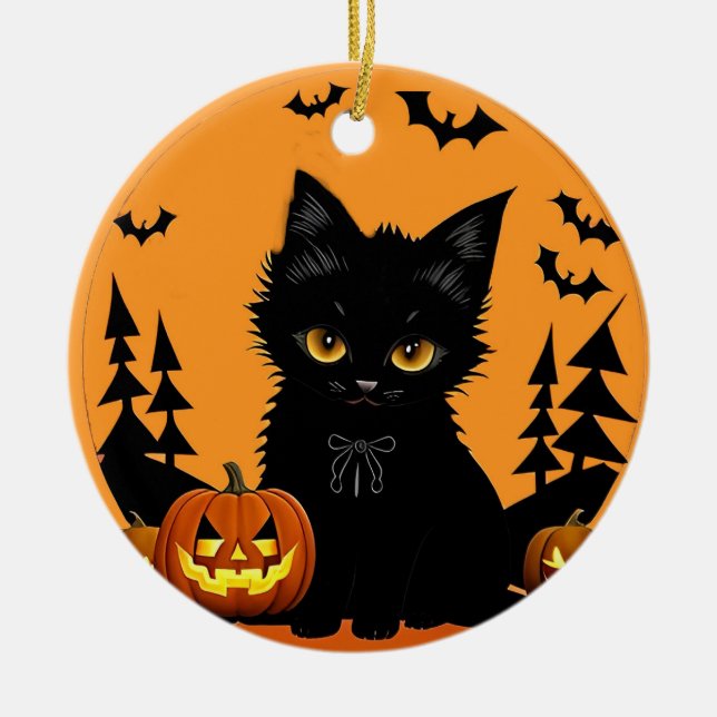 🌕🐱 Cute Moonlit Cat & Pumpkin Halloween Magic ✨ Ceramic Tree Decoration (Front)