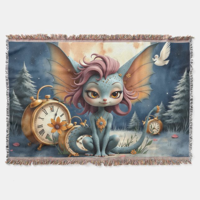 Cute Moonlit Fantasy Creature Throw Blanket (Front)