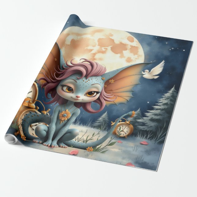 Cute Moonlit Fantasy Creature Wrapping Paper (Unrolled)