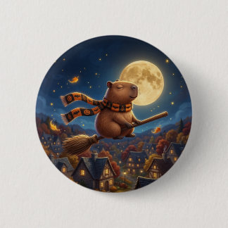 Cute Moonlit Flying Broom Capybara Button Pin