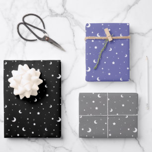 Cute Moons and Stars Pattern Black Purple and Grey Wrapping Paper Sheet