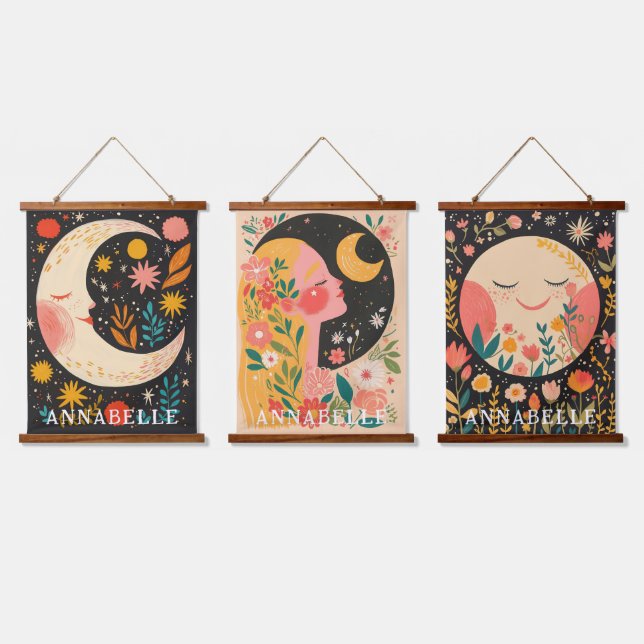 Cute Moons Boho Floral Illustration First Names Hanging Tapestry (Triple)