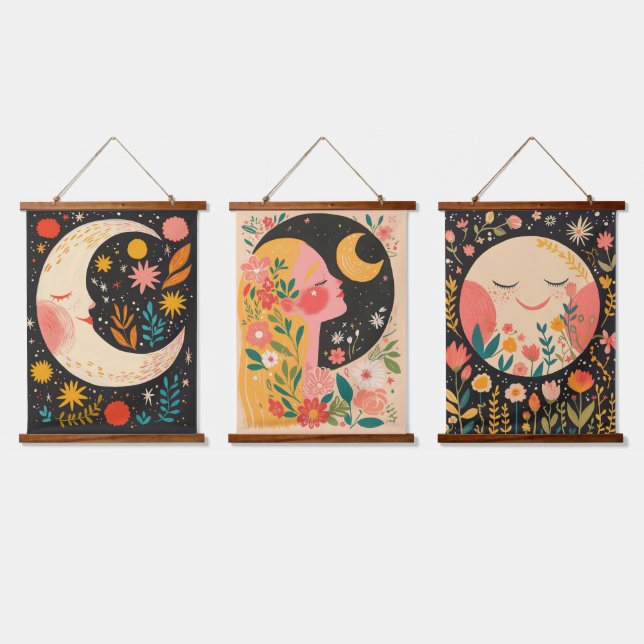 Cute Moons Boho Floral Illustration Hanging Tapestry (Triple)