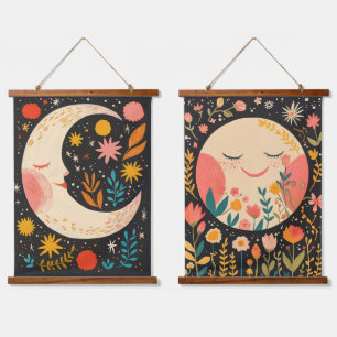 Cute Moons Boho Floral Illustration Hanging Tapestry