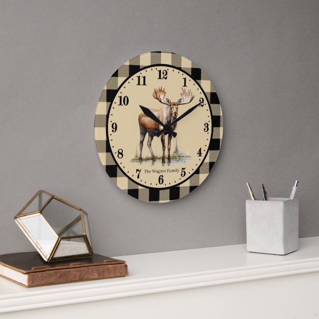 Cute Moose cabin add Family name Large Clock (Office)