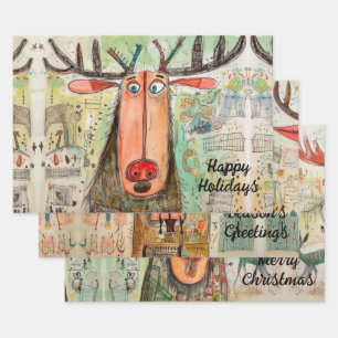 Cute Moose Christmas Typography Modern Fun 3-pc Wrapping Paper Sheet