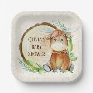 Cute Moose Greenery Wood Slice Baby Shower Custom Paper Plate