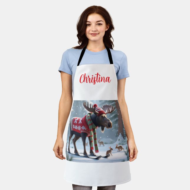 Cute Moose in Snowy Forest Christmas Personalised  Apron (Worn)