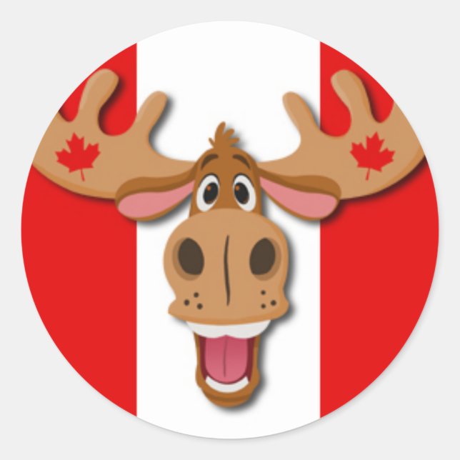 Cute Moose on Red and White Background Classic Round Sticker (Front)