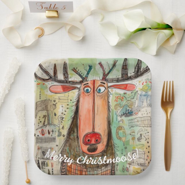Cute Moose Typography Christmas Cartoon Fun Cool Paper Plate (Wedding)